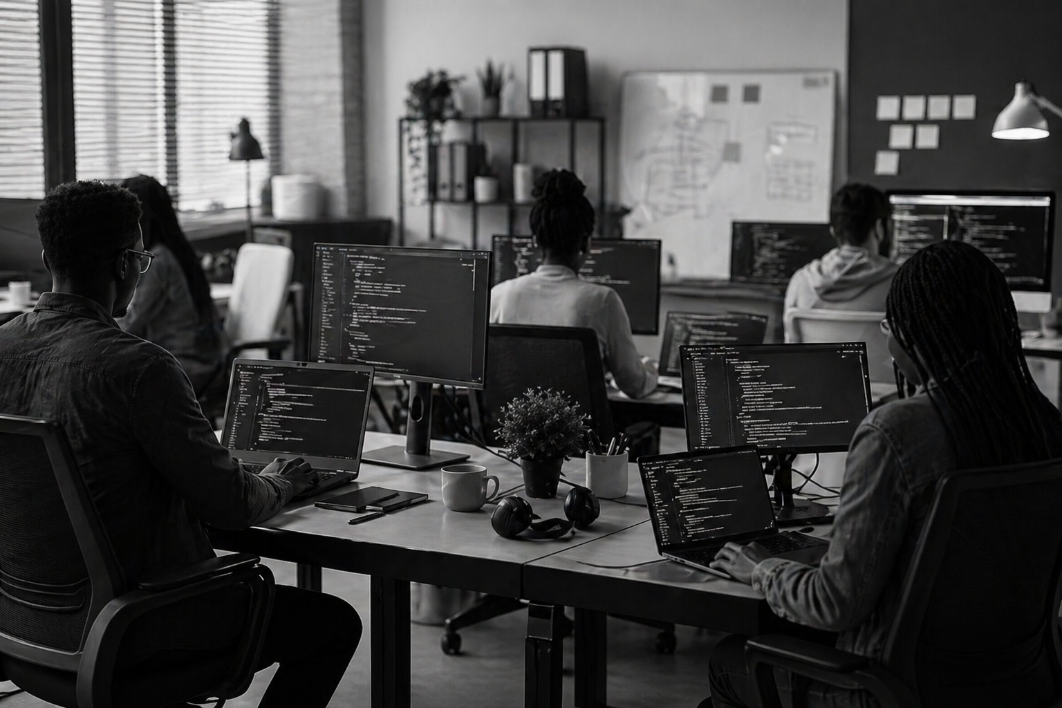 Software development team working in a modern office setup