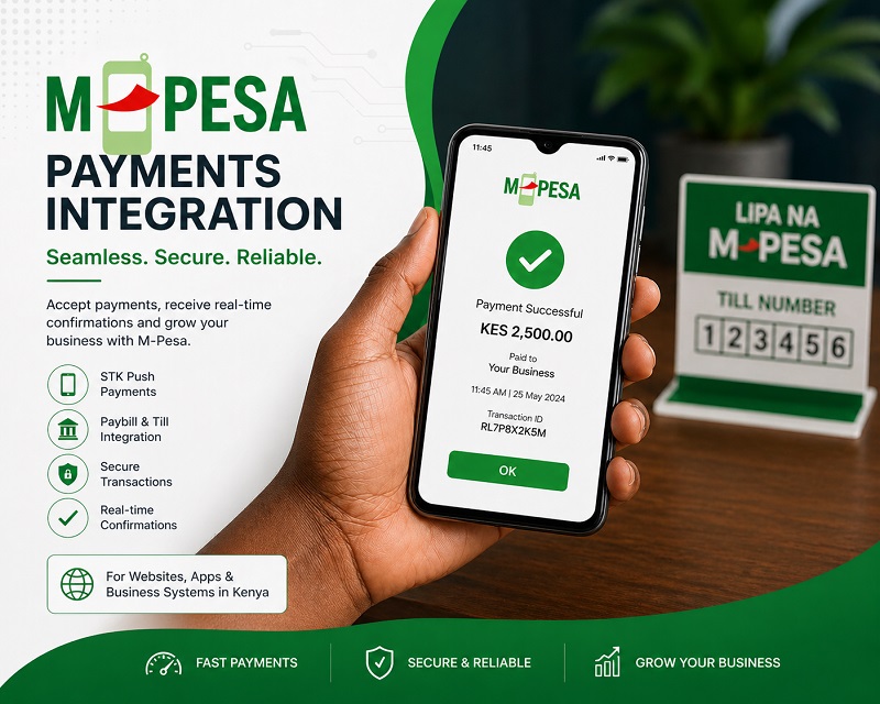 M-Pesa integration services for websites apps and business systems in Kenya