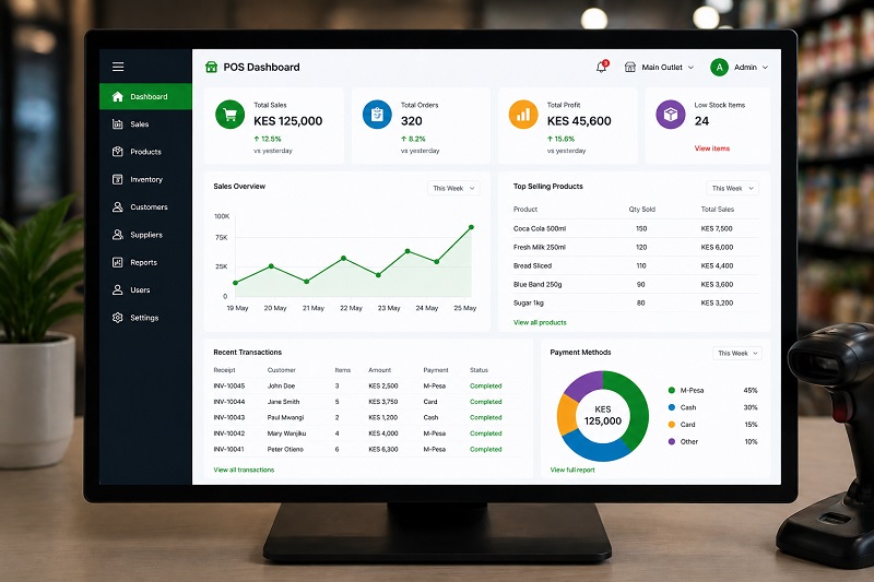 POS dashboard for sales inventory and payment reports